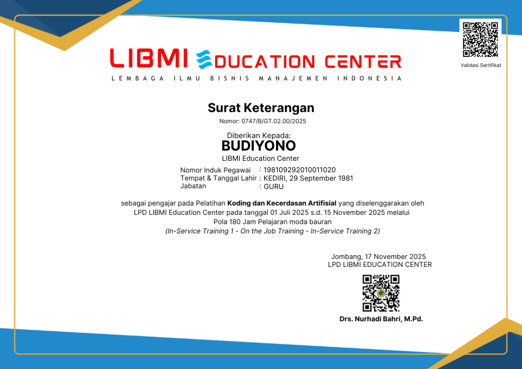 Pengajar Pelatihan Koding dan KA (LIBMI 1)