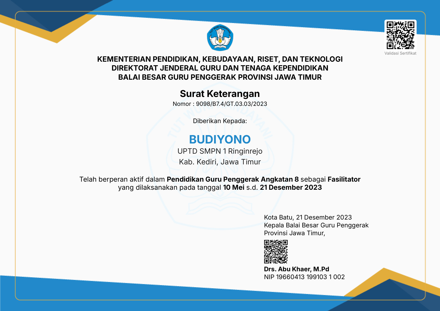 Surat Keterangan Fasilitator PGP